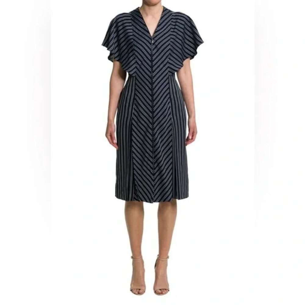 Ted Baker ~Flissie Navy Zip Front Striped Midi Dress in US size 10 (Ted size 4)